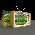 Vintage TV Themed Display With Yellow Frame Forest Adventure Scene And Decorative Elements