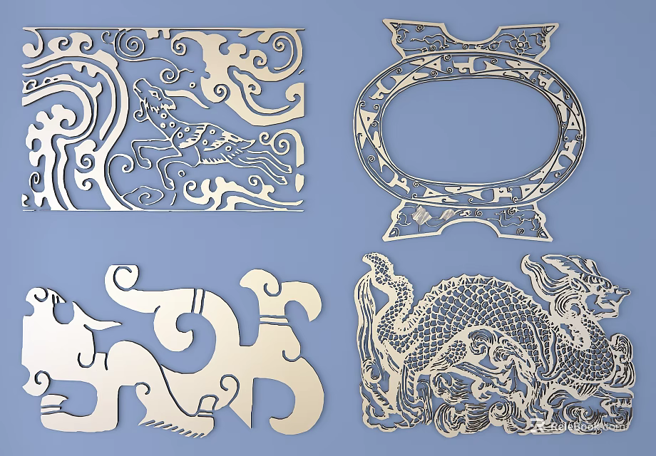 Traditional Metal Carved Artworks Featuring Dragon Patterns And Ornate Motifs 3d model 