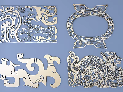 Traditional Metal Carved Artworks Featuring Dragon Patterns And Ornate Motifs 3d model