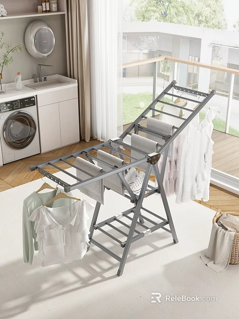 Gray Foldable Metal Clothes Drying Rack With Hanging Clothes And Shoes In Indoor Laundry Area 3d model 