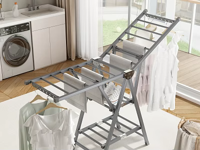 Gray Foldable Metal Clothes Drying Rack With Hanging Clothes And Shoes In Indoor Laundry Area 3d model
