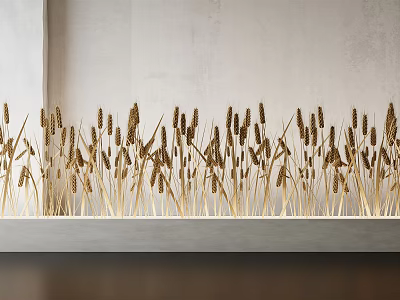 Elegant Bonsai Potted Plant With Wheat Ears In White Rectangular Container Against Light Colored Wall 3d model
