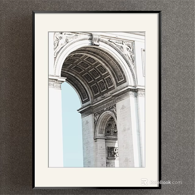 Framed Landscape Painting of Arc de Triomphe Arched Structure Carved Details and Blue Sky 3d model 