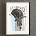 Framed Landscape Painting of Arc de Triomphe Arched Structure Carved Details and Blue Sky