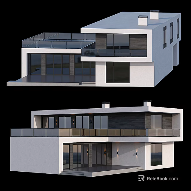 Modern Detached Villa Exterior Design With Large Windows Balcony And Sleek White Facade 3d model 