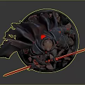 Man in Demonic Armor With Horns Red Longsword and Cloak on Rock Base