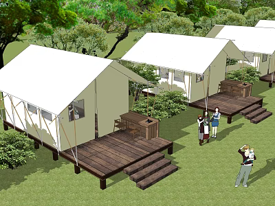 Scenic Outdoor Glamping Tents On Wooden Decks With Trees And People Nearby 3d model
