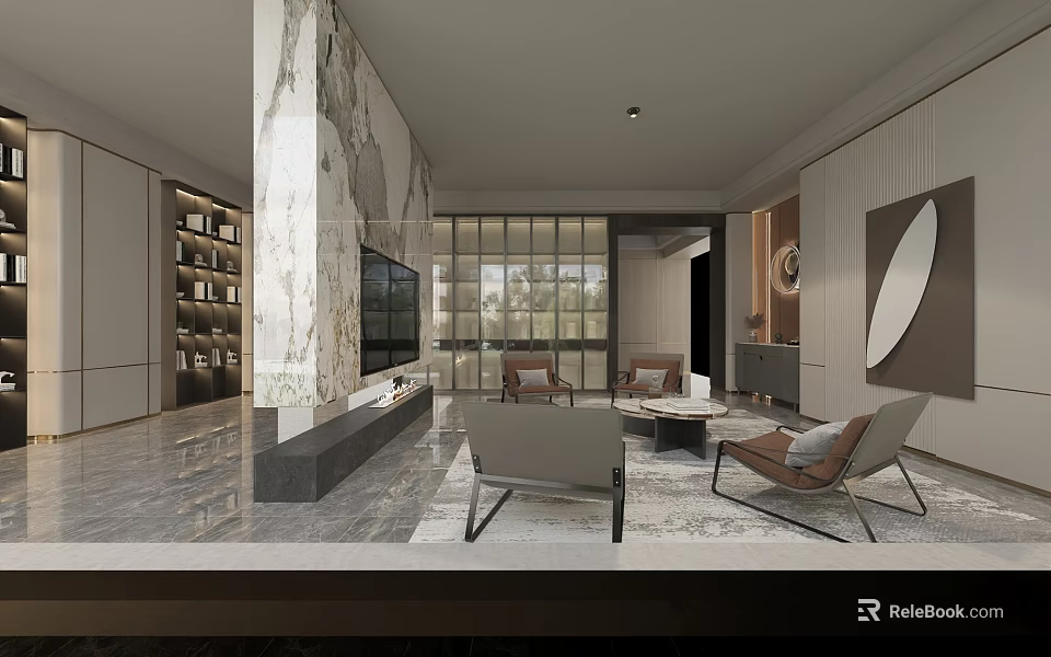 Modern Living Room Interior With Marble Wall Floor to Ceiling Windows Sofas and Coffee Table 3d model 