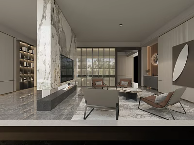 Modern Living Room Interior With Marble Wall Floor to Ceiling Windows Sofas and Coffee Table 3d model