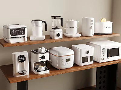 Various Modern White Kitchen Appliances Arranged On Wooden Shelves 3d model
