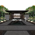 Modern Entrance Gate Between High Rise Buildings With Trees And Green Plants