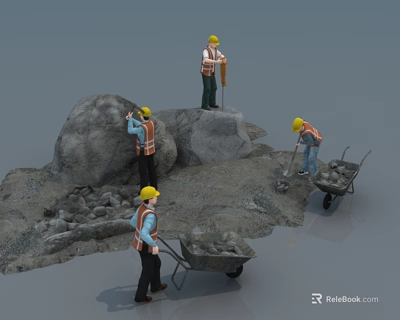 Game Movie Characters with Yellow Hard Hats Orange Vests Standing on Rock Pushing Wheelbarrows Digging 3d model 