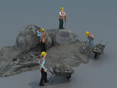Game Movie Characters with Yellow Hard Hats Orange Vests Standing on Rock Pushing Wheelbarrows Digging 3d model