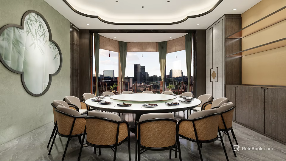 Elegant Private Dining Room With Round Table Chairs And City View Through Windows 3d model