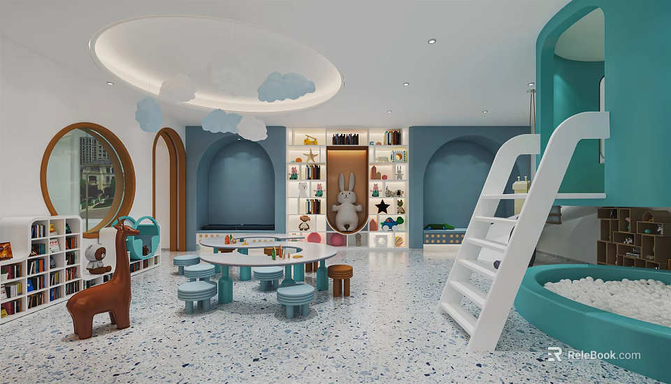 Kindergarten Interior With Round Tables Small Stools Bookshelves Rabbit Doll And Cloud Decorations 3d model 