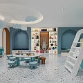 Kindergarten Interior With Round Tables Small Stools Bookshelves Rabbit Doll And Cloud Decorations