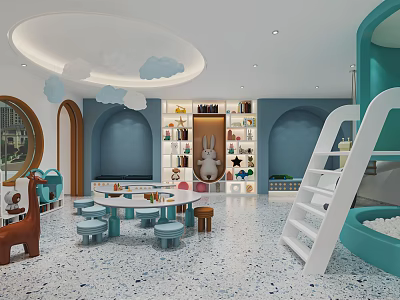 Kindergarten Interior With Round Tables Small Stools Bookshelves Rabbit Doll And Cloud Decorations 3d model