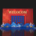 Traditional Chinese Photo Spot With Red Welcome Board And Blue Fan Decorations