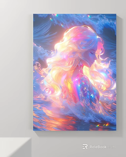Vibrant Female Figure Painting With Colorful Flowing Hair And Glowing Water Reflections 3d model 