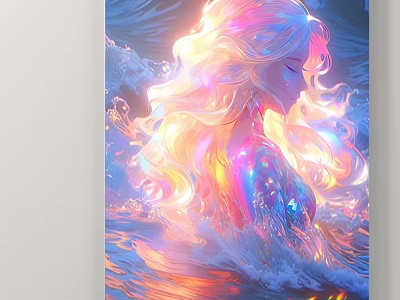 Vibrant Female Figure Painting With Colorful Flowing Hair And Glowing Water Reflections 3d model