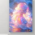 Vibrant Female Figure Painting With Colorful Flowing Hair And Glowing Water Reflections