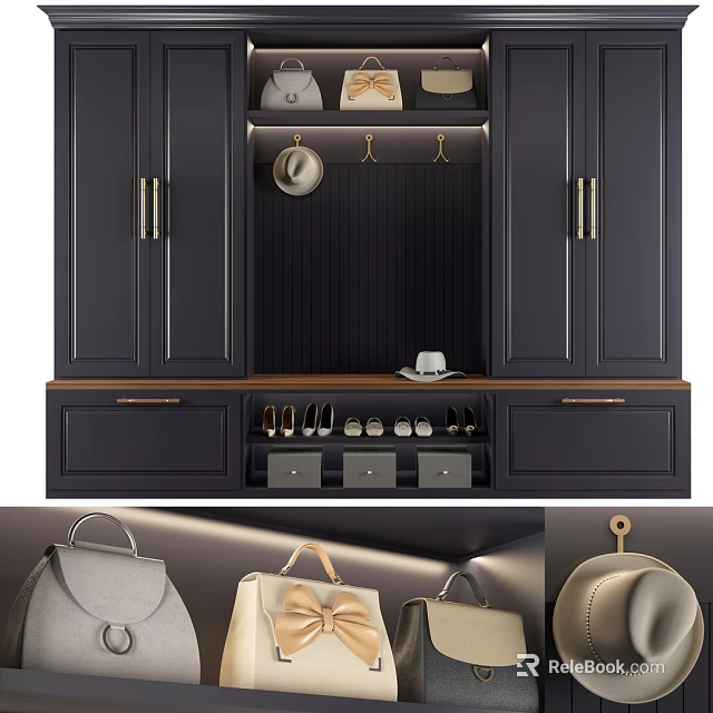 Stylish Dark Wood Shoe Cabinet With Shoe Storage Drawers Hat Hooks And Bag Compartments 3d model 