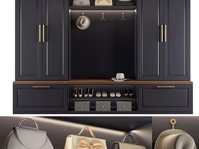 Stylish Dark Wood Shoe Cabinet With Shoe Storage Drawers Hat Hooks And Bag Compartments 3d model