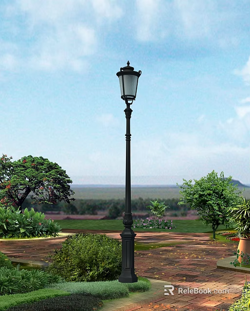 Black Decorative Outdoor Lamp in Garden Landscape with Green Trees and Plants 3d model 