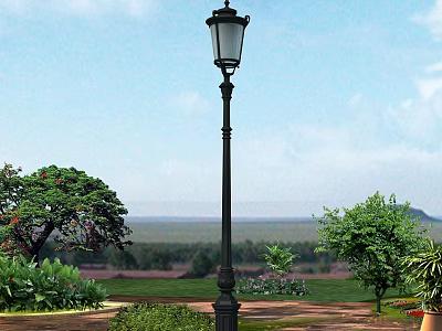 Black Decorative Outdoor Lamp in Garden Landscape with Green Trees and Plants 3d model