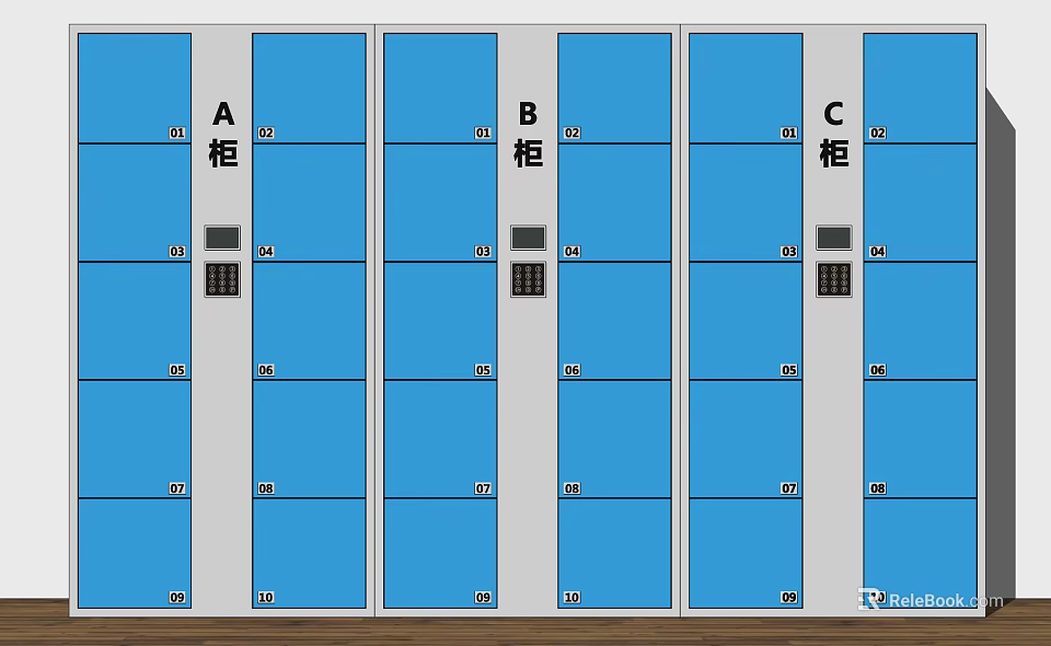 Blue Storage Lockers Labeled A B C With Numbered Compartments And Digital Locks 3d model 