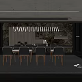 Modern Restaurant Interior With Open Concept Dining Table Dark Chairs And Striped Pendant Lights