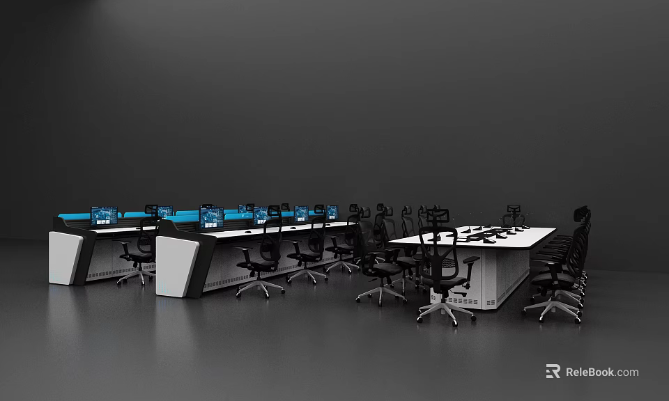 Modern Office Desk And Chair Set With Blue Monitors And Ergonomic Seats 3d model 