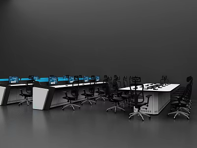 Modern Office Desk And Chair Set With Blue Monitors And Ergonomic Seats 3d model