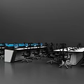 Modern Office Desk And Chair Set With Blue Monitors And Ergonomic Seats
