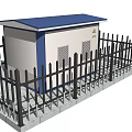 Small Building With Blue Roof White Walls Black Fence And Yellow Warning Sign