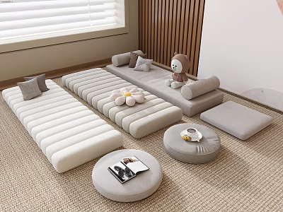 Modern Light Gray Modular Sofa Coffee Table Set with Stuffed Toy Wooden Wall and Blinds 3d model