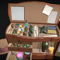 Open Multi Compartment Storage Case With Drawers Cosmetic Tools And Bottles 3d model