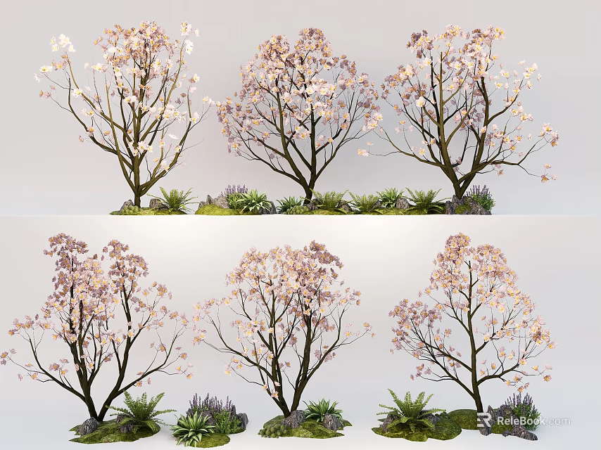 Garden Plant Combination with Pink Flowering Trees Green Small Plants and Stones 3d model 