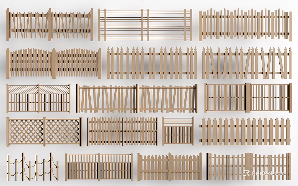 Various Wooden Railings with Different Designs and Structures Displayed in Collection 3d model 
