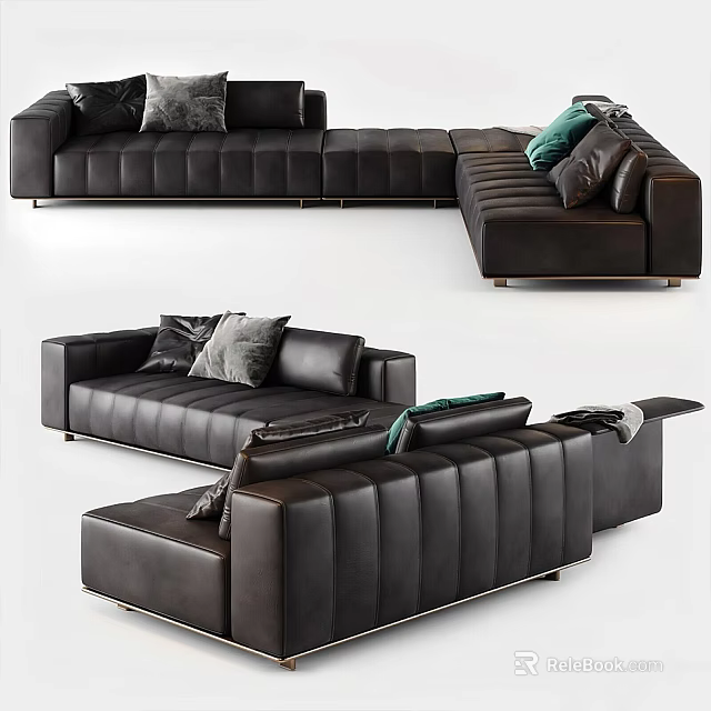 Modern Black Leather Sectional Sofa With Multiple Cushions And Stitched Design 3d model