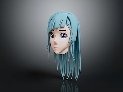3D Human Head Model with Long Light Blue Hair and Detailed Facial Features 3d model