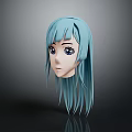 3D Human Head Model with Long Light Blue Hair and Detailed Facial Features