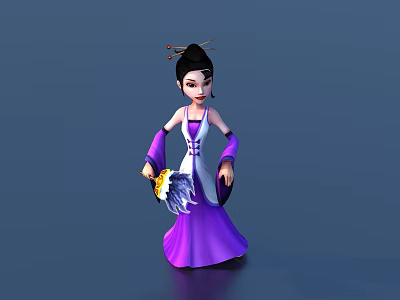 Game and Movie Character in Purple Traditional Costume with Hair Bun and Feather Fan 3d model