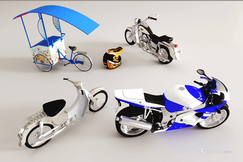 Various Motorcycle Models With Sports Scooter Classic Bike Helmet And Blue Canopy Tricycle 3d model 