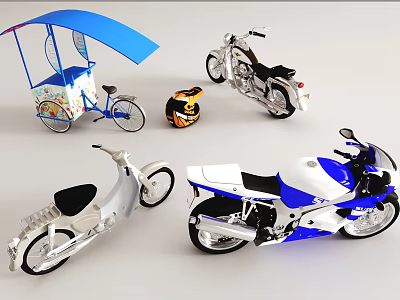Various Motorcycle Models With Sports Scooter Classic Bike Helmet And Blue Canopy Tricycle 3d model