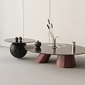 Modern Round And Oval Coffee Tables Featuring Black Woven Base Brown Tapered Legs With Decorative Vases