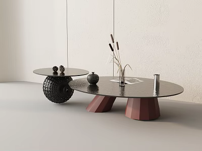 Modern Round And Oval Coffee Tables Featuring Black Woven Base Brown Tapered Legs With Decorative Vases 3d model