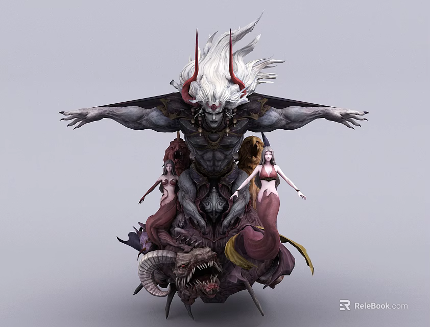 Mythical Demon Game Character With Horned Head White Hair And Multiple Limbs 3d model 