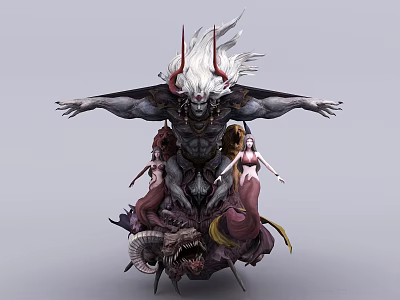 Mythical Demon Game Character With Horned Head White Hair And Multiple Limbs 3d model