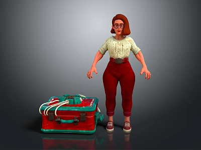 Red Haired Glasses Female Character Standing Next To Red Case With Green Details And Wires 3d model